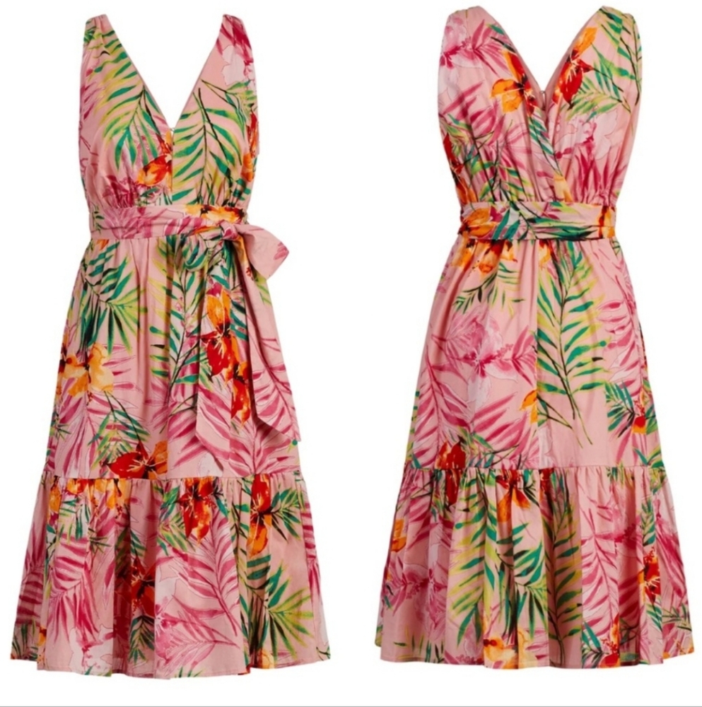 NEW YORK & COMPANY Tropical Floral Print Dress Coral Pink Green Size S - Picture 2 of 6